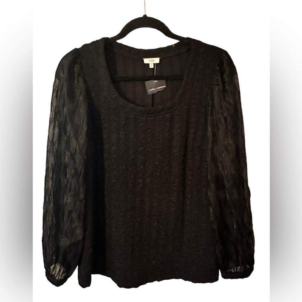 Voy Black Blouse with Sheer‎ Sleeves Size Small NWT Office or Party Perfect